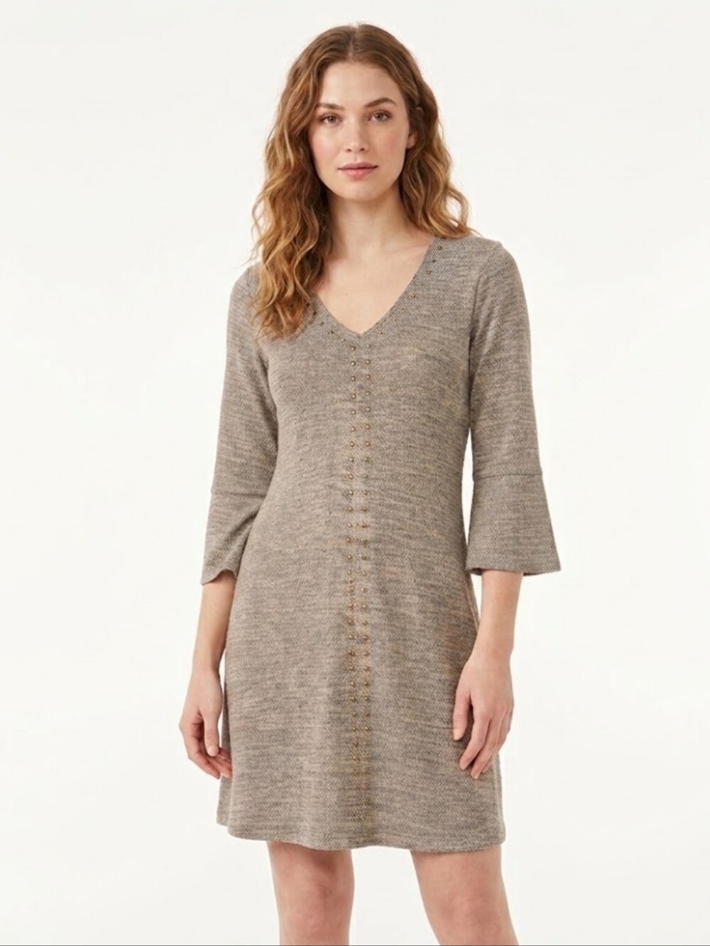 ​Naïf Heathered Gray V-Neck Dress Medium Studded Accents 3/4 Bell Sleeve Tunic
